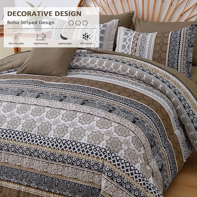 Cottolester Brown Comforter Set Queen Size,Boho Fall Bed in a Bag 8 Pieces,Paisley Soft Microfiber Bedding Comforter Set