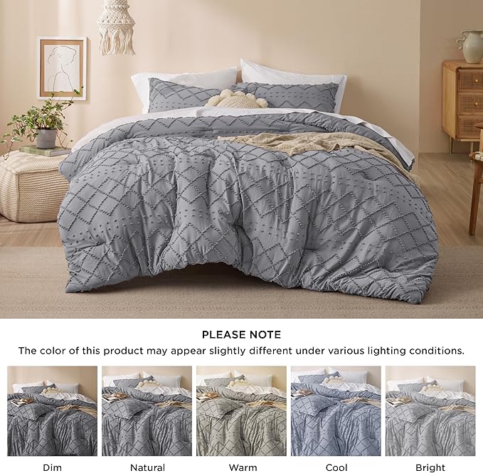 Bedsure Queen Comforter Set - Grey Comforter, Boho Tufted Shabby Chic Bedding for Kids, 3 Pieces Vintage Farmhouse Bed Set for All Seasons, Fluffy Soft Bedding with 2 Pillow Shams