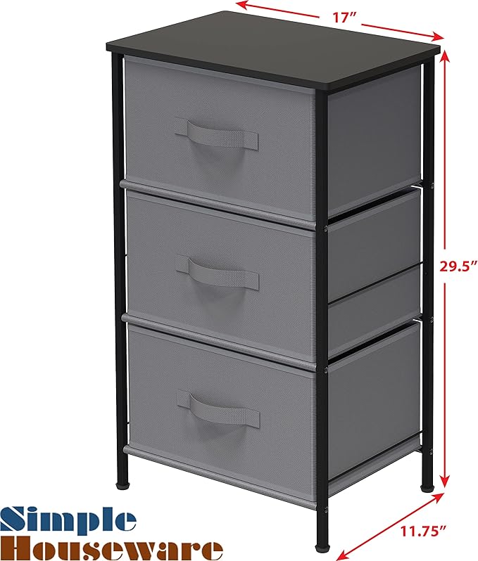 Simple Houseware 3 Drawer Nightstand Dresser with Wood Top, Dark Grey