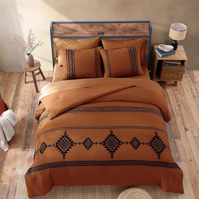 MaiRêve Burnt Orange Embroidery Comforter Set King Size - 7 Pieces, Farmhouse Western Bedding Sets All Season, Boho Bed in A Bag King with Sheets, Comforters, Pillowcases & Shams