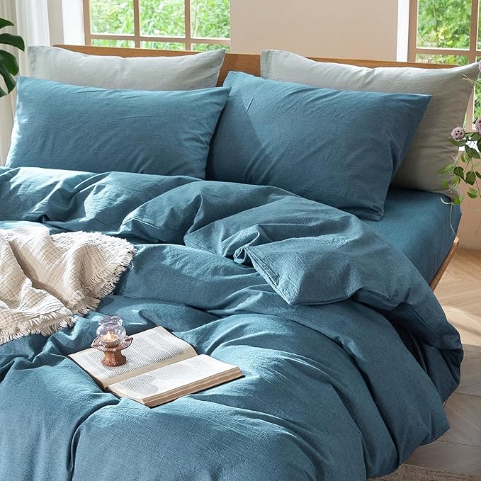 MooMee Bedding Duvet Cover Set 100% Washed Cotton Linen Like Textured Breathable Durable Soft Comfy (Heathered Peacock Blue, King 104"x90")