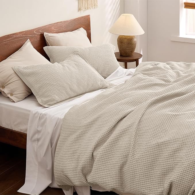 Bedsure Cotton Duvet Cover Set - 100% Cotton Waffle Weave Beige Duvet Cover Oversized King Size, GentleSoft™ and Breathable Bedding Set for All Season, 3 Pieces, 120"x98"