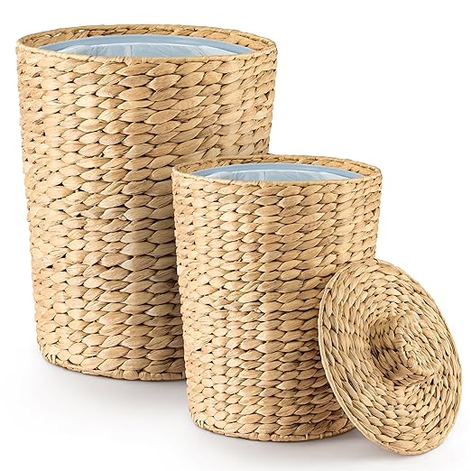 Set of 2 Wicker Trash Can with Lid - Water Hyacinth Wicker Waste Basket for Bathroom - Bathroom Garbage Can with a Lid - 2 Gallon & 4 Gallon Decorative Rattan Trash Can with Removable Liner