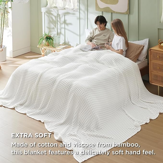 Bedsure Cooling Cotton Waffle Oversized King Blanket - Lightweight Breathable Blankets Rayon Derived from Bamboo for Hot Sleepers, Luxury Throws for Bed and Sofa, Ivory, 120x96 Inches