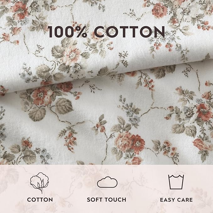 Laura Ashley - Flannel Sheets Full Size, Anti-Pilling & Wrinkle Resistant Cotton, Touchably Soft for All-Season Comfort - Bed Sheets with Matching Pillowcases & Fitted Sheet (Le Fleur Orange)