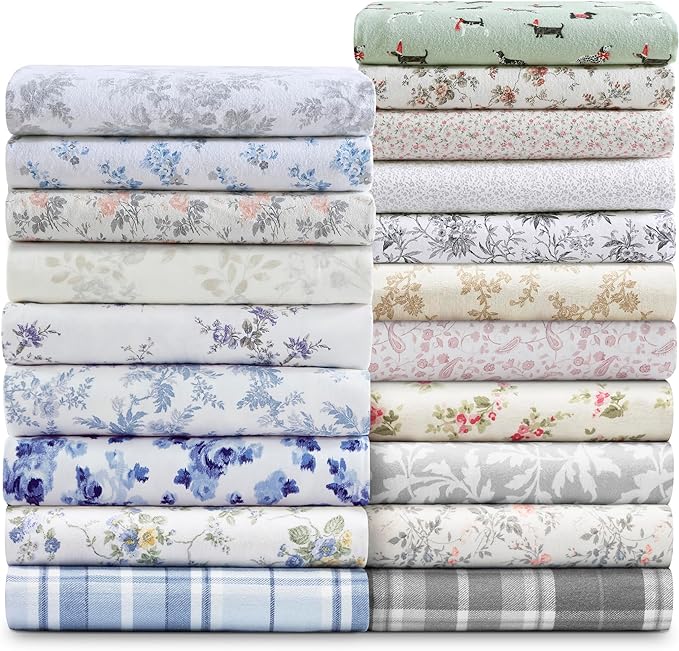 Laura Ashley - Flannel Sheets Twin Size, Anti-Pilling & Wrinkle Resistant Cotton, Touchably Soft for All-Season Comfort - Bed Sheets with Matching Pillowcase & Fitted Sheet (Holiday Pups Green)