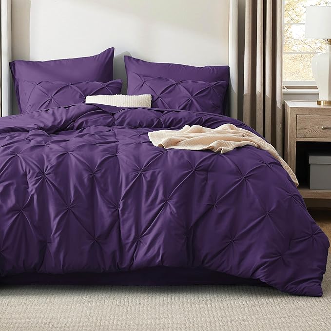 Bedsure King Size Comforter Set Purple - Bed in a Bag Bedding Set 7 Pieces, GentleSoft™ Pintuck Bed Set Gift for Family, Pinch Pleat Purple Comforter with Sheets, Pillowcases & Shams
