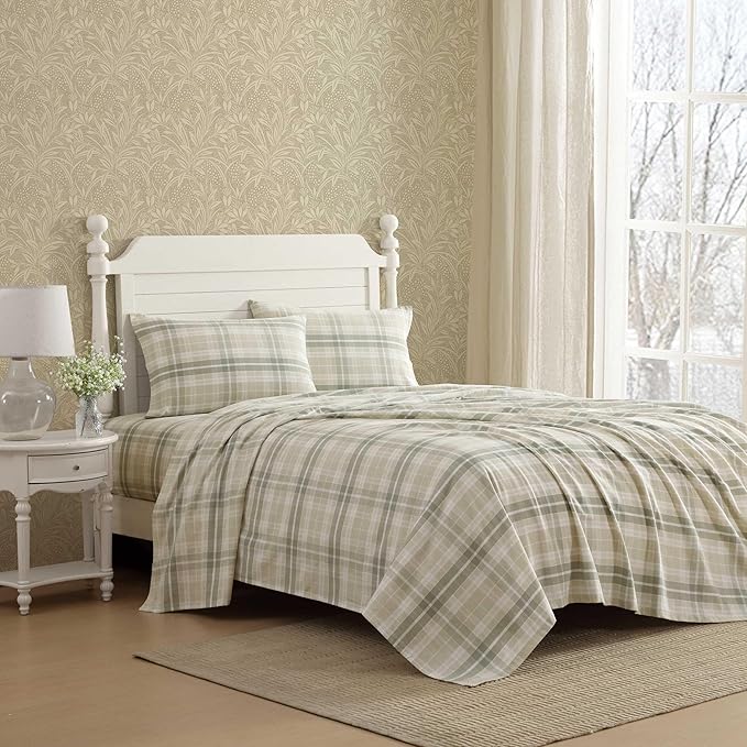 Laura Ashley - Flannel Sheets Full Size, Anti-Pilling & Wrinkle Resistant Cotton, Touchably Soft for All-Season Comfort - Bed Sheets with Matching Pillowcases & Fitted Sheet (Mulholland Plaid Green)