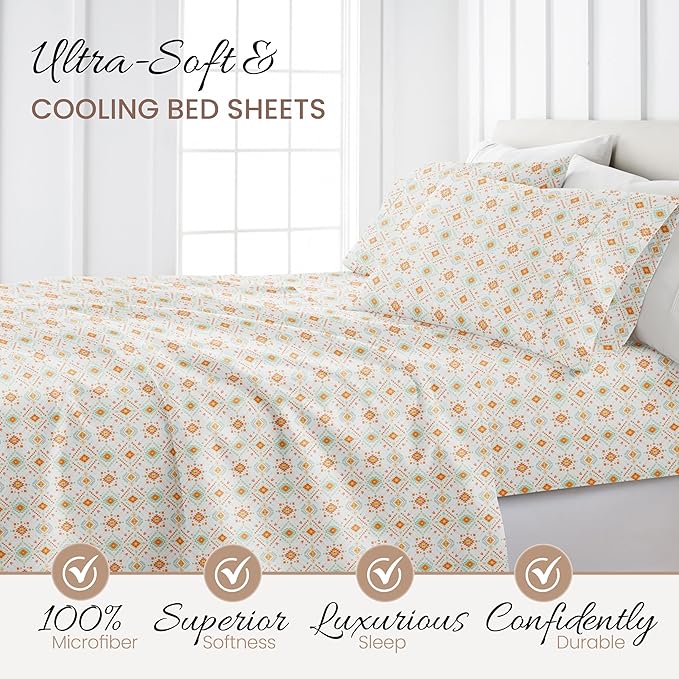 Linen Market Double-Brushed Patterned Microfiber Queen Sheet Set 4 Piece – Oeko-TEX Certified Ultra Soft & Wrinkle-Free - 16" Deep Pocket Sheets - Easy Care Queen Size - Aztec Dreams Coral