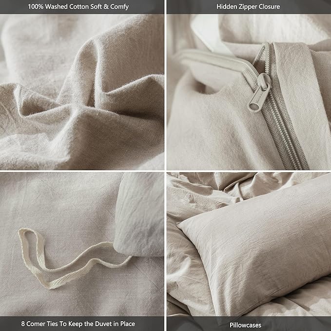 MooMee Bedding Duvet Cover Set 100% Washed Cotton Linen Like Textured Breathable Durable Soft Comfy (Heathered Tannish Linen Grey, Oversized Queen 98"x98")