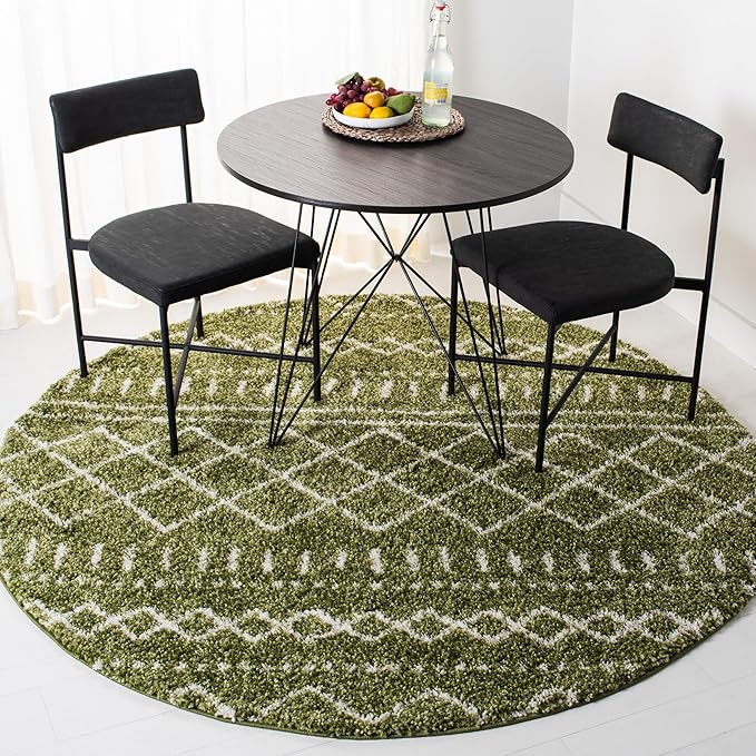 SAFAVIEH Arizona Shag Collection Area Rug - 3'2" Round, Green & Ivory, Moroccan Design, Non-Shedding & Easy Care, 1.6-inch Thick, Ideal for The Living Room, Dining, Bedroom (ASG741X)