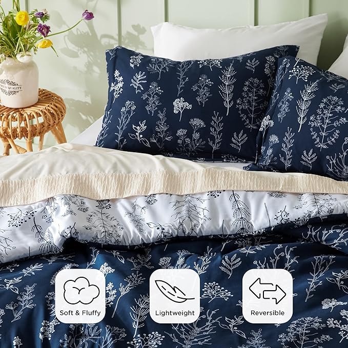Bedsure Queen Comforter Set - Navy Bed Set, 3 Pieces Cute Floral Bedding, 1 Soft Reversible Botanical Flowers Comforter and 2 Pillow Shams