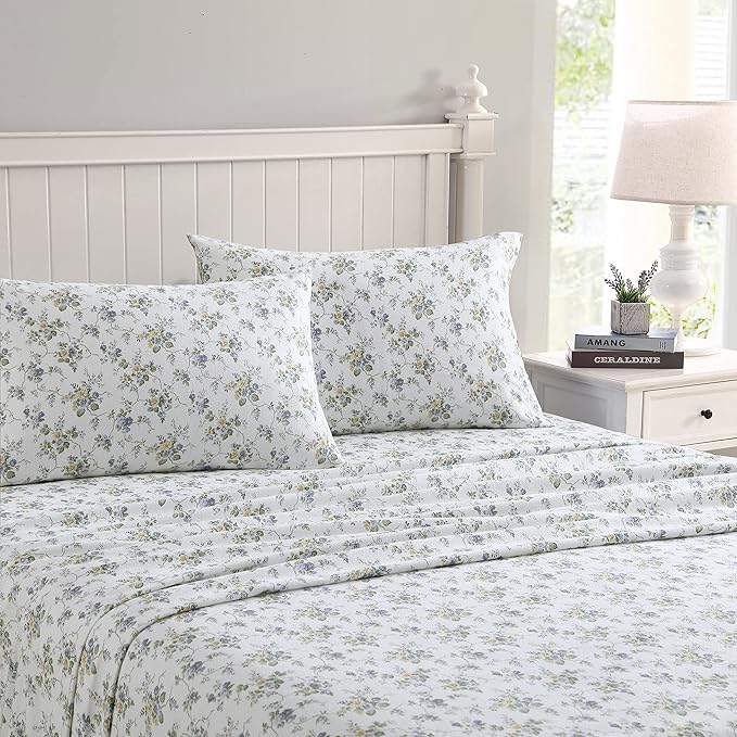 Laura Ashley - Flannel Sheets Full Size, Anti-Pilling & Wrinkle Resistant Cotton, Touchably Soft for All-Season Comfort - Bed Sheets with Matching Pillowcases & Fitted Sheet (Le Fleur Cottage Blue)