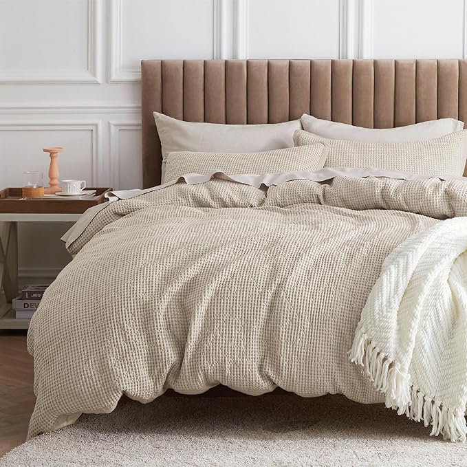 Bedsure Cotton Duvet Cover Queen Size - 100% Cotton Waffle Weave Beige Duvet Cover Queen Size, GentleSoft™ and Breathable Bedding Set for All Season, 3 Pieces, 90"x90"