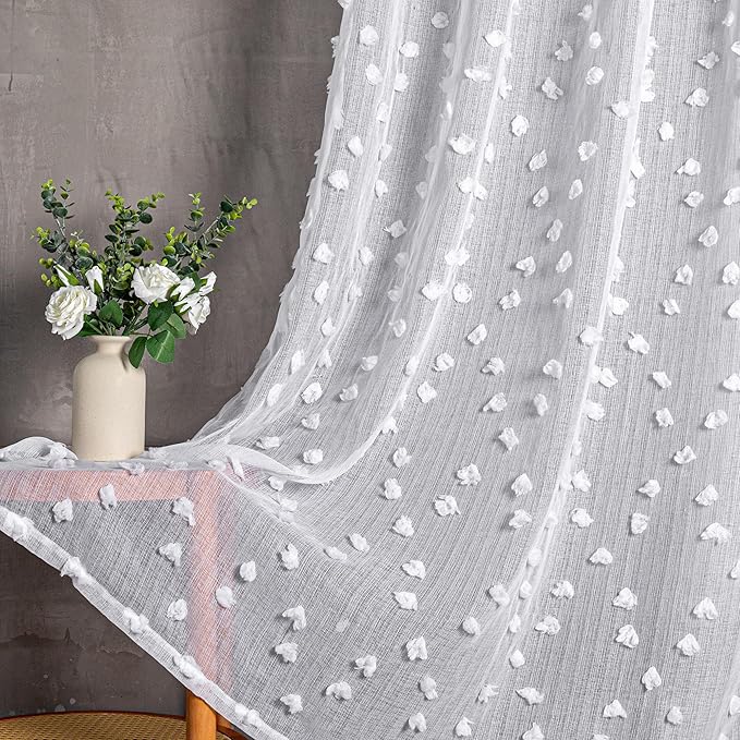 MYSKY HOME Pom Pom White Sheer Curtains for Bedroom Girls Room Curtains 84 Inches Long for Nursery Kids Light Filtering Boho Window Drapes, Rod Pocket, 38" Wide, 2 Panels