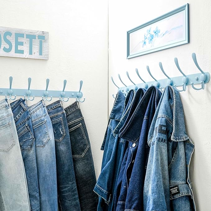 Dseap Coat Rack Wall Mount - 29.5” Long 8-Tri-Hooks Heavy Duty Coat Hanger Rail Wall Hooks for Hanging Coats Hats Clothing Clothes Purse Mudroom Entryway, Blue, Pack of 2