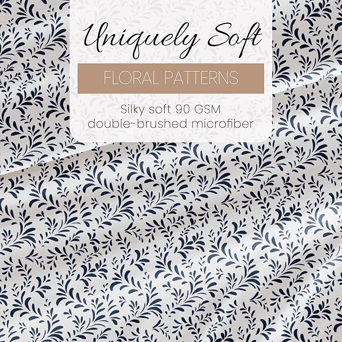 Linen Market Double-Brushed Patterned Microfiber California King Sheet Set 4 Piece – OEKO-TEX Certified Ultra Soft & Wrinkle-Free - 16" Deep Pocket Sheets Easy Care Cal-King Size - Burst of Vines Navy
