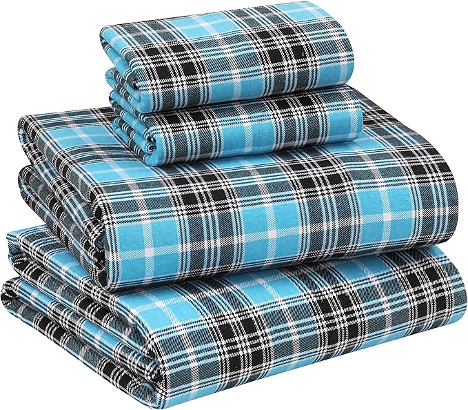 RUVANTI Flannel Sheets Full Size - 100% Cotton Double Brushed Bed Sheets Set, Deep Pockets 16 Inches, All Seasons Breathable & Extra Soft Full Sheets, Warm & Cozy, 4 Piece, Teal Plaid