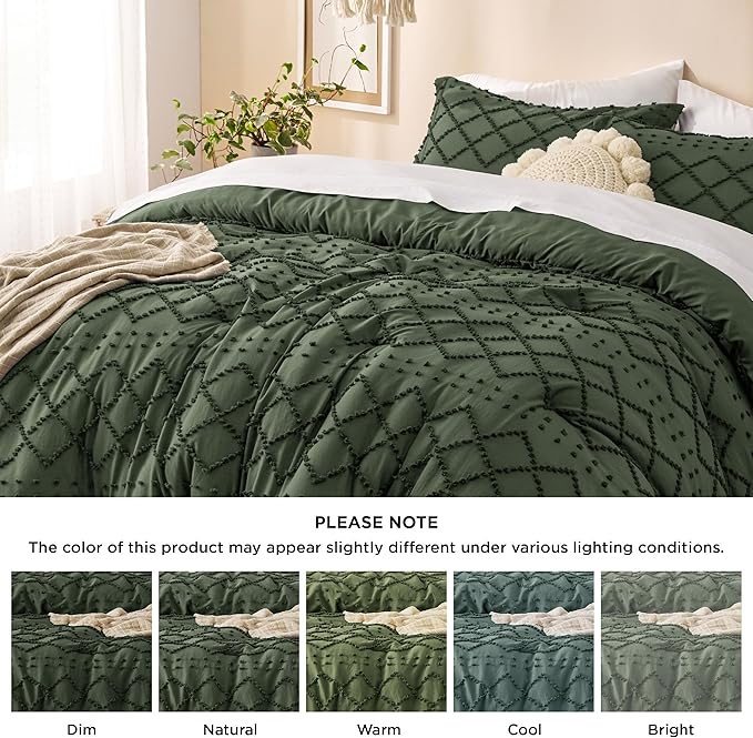 Bedsure King Comforter Set - Olive Green Comforter, Boho Tufted Shabby Chic Bedding for Kids, 3 Pieces Vintage Farmhouse Bed Set for All Seasons, Fluffy Soft Bedding with 2 Pillow Shams