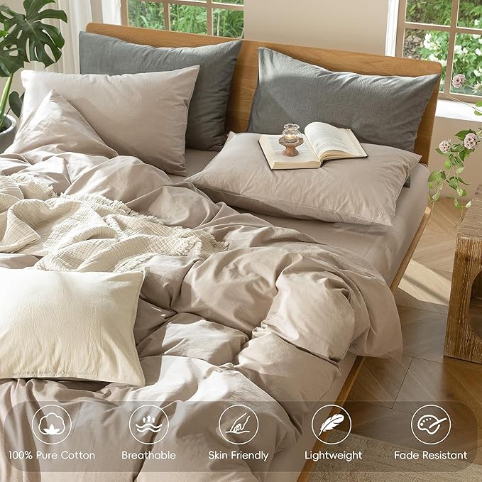 MooMee Bedding Duvet Cover Set 100% Washed Cotton Linen Like Textured Breathable Durable Soft Comfy (Heathered Taupe, Cal King 104"x98")