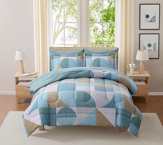 Geometric Comforter Set Twin Size with Sheets Bed in a Bag – Deep Pocket Fitted Sheet with Elastic Corners, Cozy Comforter, Pillowcases & Shams – Soft Microfiber All Season Bedding – Machine Washable