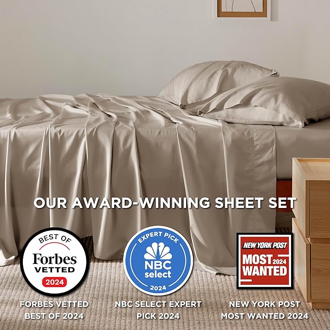 Bedsure Queen Sheet Set, Rayon Derived from Bamboo, Cooling Sheets, Breathable & Soft, Deep Pocket Up to 16 Inches, Hotel Luxury Silky Bedding for Hot Sleepers, Simply Taupe