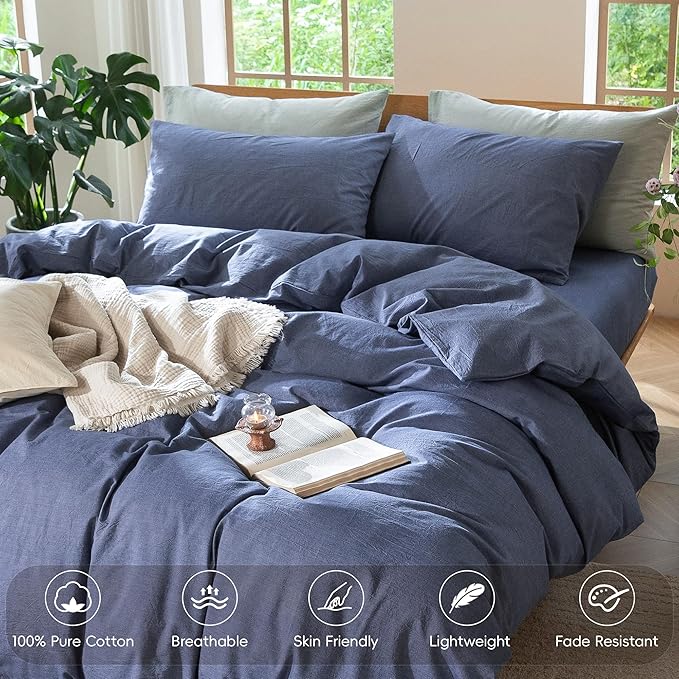 MooMee Bedding Duvet Cover Set 100% Washed Cotton Linen Like Textured Breathable Durable Soft Comfy (Heathered Blue, Full 80"x90")