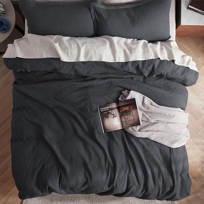 Bedsure Cotton Duvet Cover Set - 100% Cotton Waffle Weave Charcoal Duvet Cover California King Size, GentleSoft™ and Breathable Cal King Bedding Set for All Season, 3 Pieces, 104"x98"
