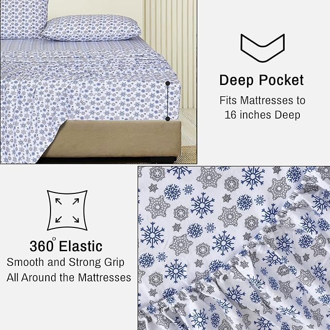 RUVANTI Flannel Sheets King Size - 100% Cotton Brushed King Size Sheets Set - Deep Pockets 16 Inches Bed Sheets - All Seasons Breathable & Extra Soft - Warm & Cozy, 4 Piece, Snow Flake Grey