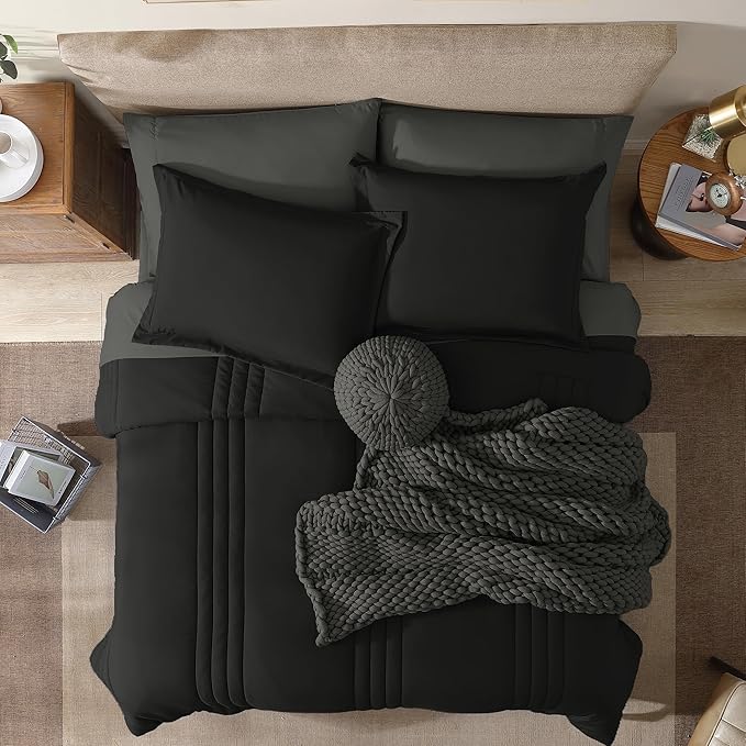Monbix California King Size Comforter Set - 7 Pieces Bed in a Bag California King, Black Bedding Sets with Comforter, All Seasons Down Alternative Comforter Bed Set with Sheets, Pillowcases & Shams