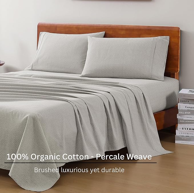 LANE LINEN 100% Organic Cotton Sheets California King Size, Low Pilling Fade Resistant Naturally Cooling Cal King Bedding Set, Soft & Comfy Sustainably Produced Printed Cotton Sheets - Snowdrop