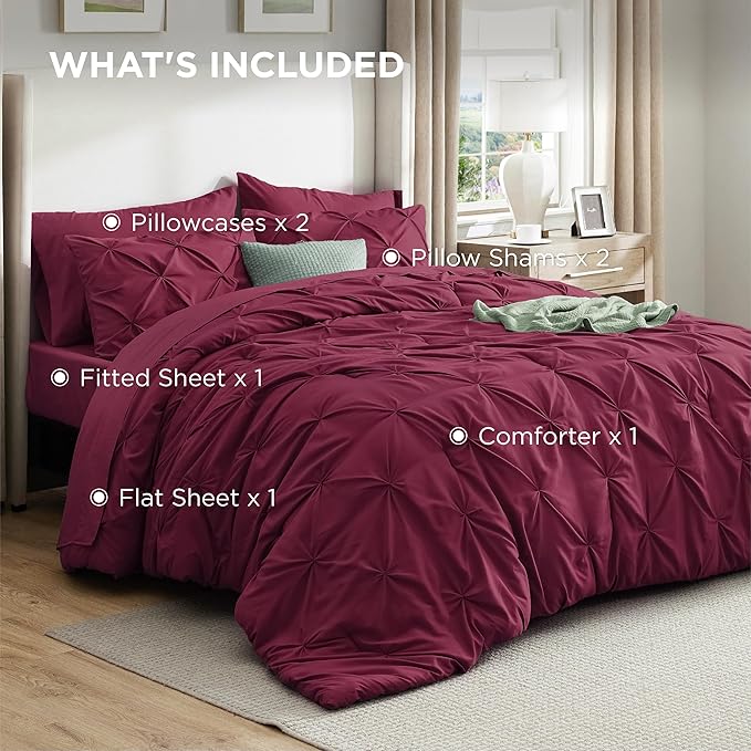Bedsure Queen Comforter Set Burgundy - Bed in a Bag Queen Size Bedding 7 Pieces, GentleSoft™ Pintuck Bed Set Gift for Family, Pinch Pleat All Season Comforter with Sheets, Pillowcases & Shams