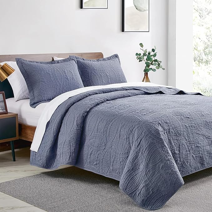 Love's cabin Quilts for Full Bed Blue Bedspreads Bedding Set - Summer Lightweight Bedspread Comforter - Coin Pattern Bedding Coverlet for All Season - 3 Pieces (1 Quilt, 2 Pillow Shams)