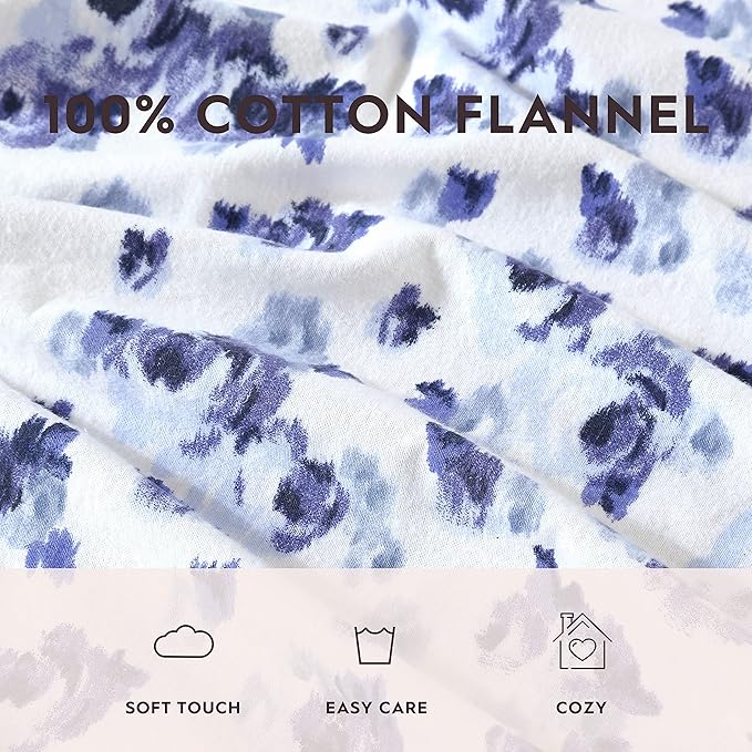 Laura Ashley - Flannel Sheets King Size, Anti-Pilling & Wrinkle Resistant Cotton, Touchably Soft for All-Season Comfort - Bed Sheets with Matching Pillowcases & Fitted Sheet (Emelisa Blue)