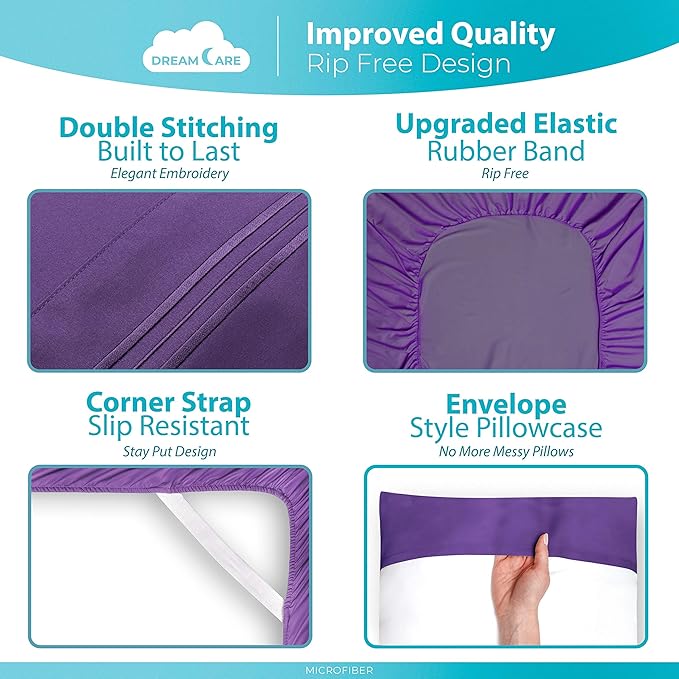 DREAMCARE Sheets Full Size Bed - Cooling Bed Sheets - 6pcs Set - Full Sheet Set - Full Size Sheets - Full Size Sheet Sets Soft & Long Lasting 100% Fine Brushed Polyester with Side Pocket - Purple