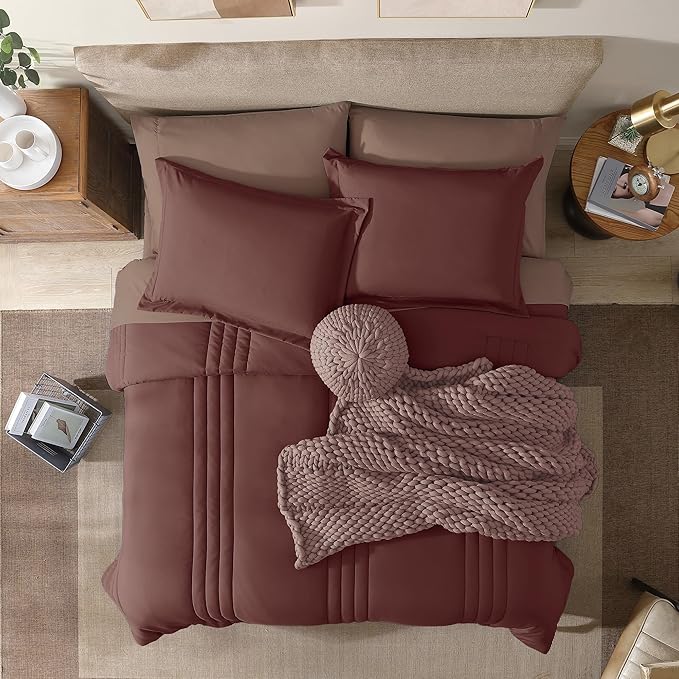 Monbix Queen Comforter Set - 7 Pieces Dark Red Bed in a Bag Queen Bedding Sets with Comforters, All Seasons Down Alternative Comforter Bed Set with Sheets, Pillowcases & Shams