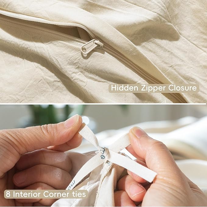 MooMee Bedding Duvet Cover Set 100% Washed Cotton Linen Like Textured Breathable Durable Soft Comfy (Heathered Almond Milk Grey, Palatial King/Oversized King 120"x98")