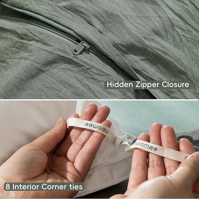 MooMee Bedding Duvet Cover Set 100% Washed Cotton Linen Like Textured Breathable Durable Soft Comfy (Heathered Green, Super King 108"x98")