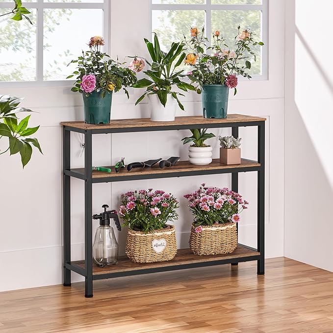 Yaheetech Industrial Console Table, 3 Tier Entryway Table with Storage Shelves, Narrow Sofa Tables for Living Room, Foyer, Hallway, Entrance, Metal Frame, Rustic Brown