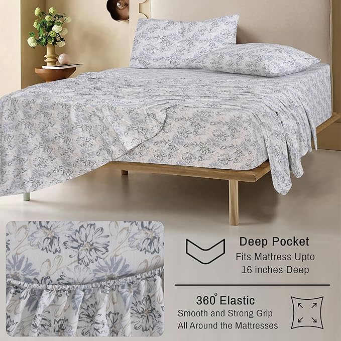 RUVANTI Flannel Sheets Queen Size - 100% Cotton Double Brushed Bed Sheets, Deep Pockets 16 Inches Queen Sheet Set, All Seasons Breathable & Extra Soft - Warm & Cozy, 4 Piece, Pacific