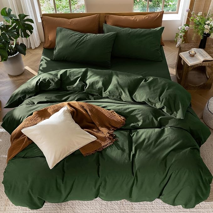 MooMee Bedding Duvet Cover Set 100% Washed Cotton Linen Like Textured Breathable Durable Soft Comfy (Solid Forest Green, Super King Plus 120"x120")