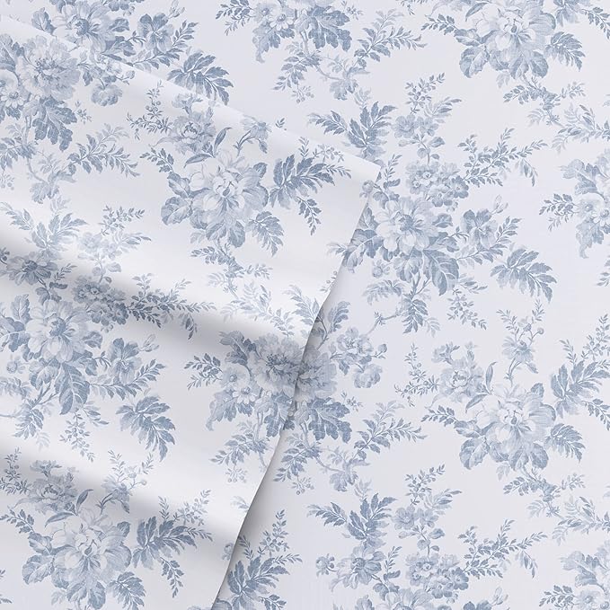 Laura Ashley - Flannel Sheets King Size, Anti-Pilling & Wrinkle Resistant Cotton, Touchably Soft for All-Season Comfort - Bed Sheets with Matching Pillowcases & Fitted Sheet (Vanessa Blue)