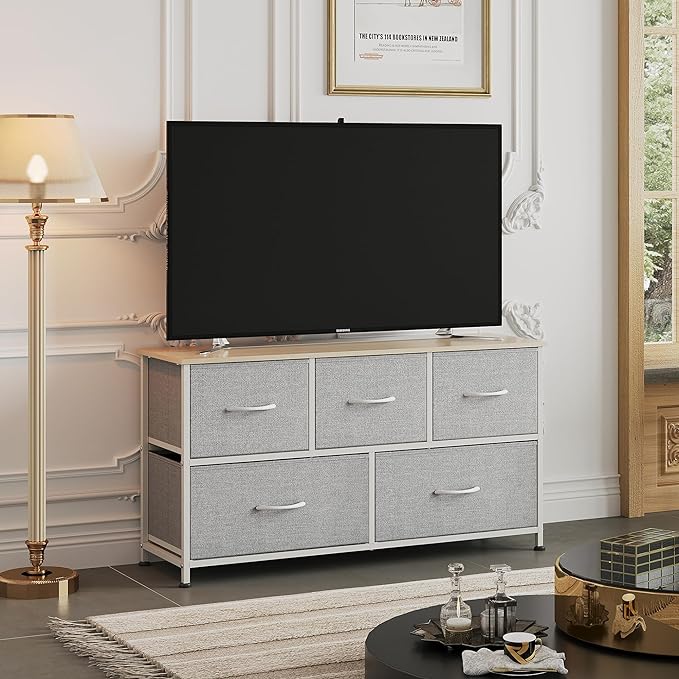 WLIVE Dresser for Bedroom with 5 Drawers, Wide Chest of Drawers, Fabric Dresser, Storage Organization Unit with Fabric Bins for Closet, Living Room, Hallway, Light Grey