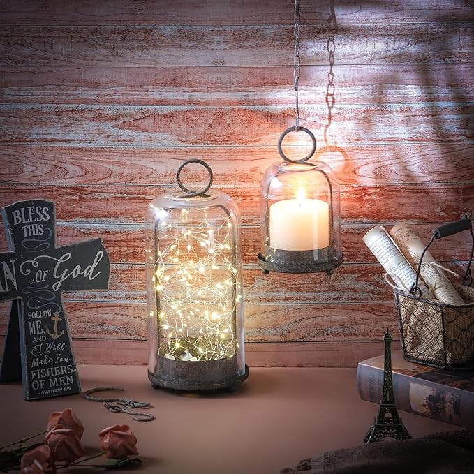 5" & 4" Wide Versatile Metal Candle Holder in Rustic Brown with Handmade Thick & Sturdy Glass Dome Cover for Pillar Candle & Plants, Farmhouse, Shabby Chic Style (2, Brown, Large & Small)
