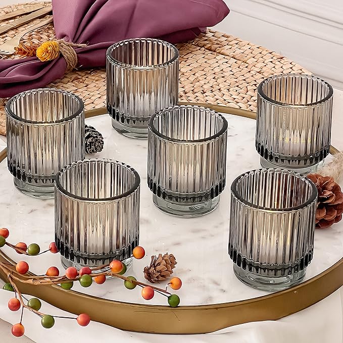 Kate Aspen Ribbed Glass Candle Holder Smoke Gray Tealight Holders for Home, Kitchen, Room or Living Room Decor - Vintage Tea Light Votive Accent for Table or Shelf Styling (Pack of 36)