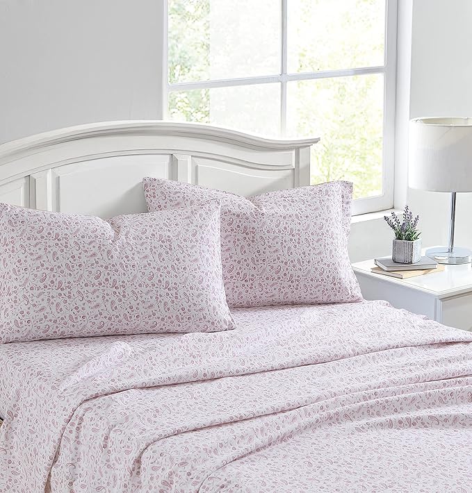 Laura Ashley - Flannel Sheets Full Size, Anti-Pilling & Wrinkle Resistant Cotton, Touchably Soft for All-Season Comfort - Bed Sheets with Matching Pillowcases & Fitted Sheet (Paisley Prance Pink)