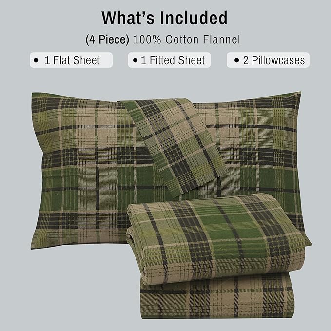 RUVANTI Flannel Sheets King Size - 100% Cotton Brushed King Size Sheets Set - Deep Pockets 16 Inches Bed Sheets - All Seasons Breathable & Extra Soft - Warm & Cozy, 4 Piece, DNA Plaid