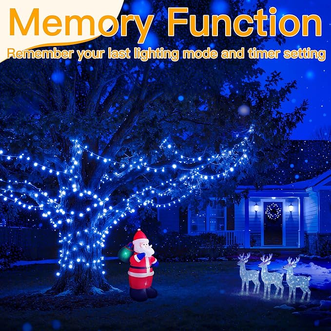 Ollny Blue Christmas Lights Waterproof, 400LED 131FT String Lights with Remote 3 Timer, Plug in 8 Modes Fairy Light for House Xmas Tree Bedroom Indoor Outside Decorations