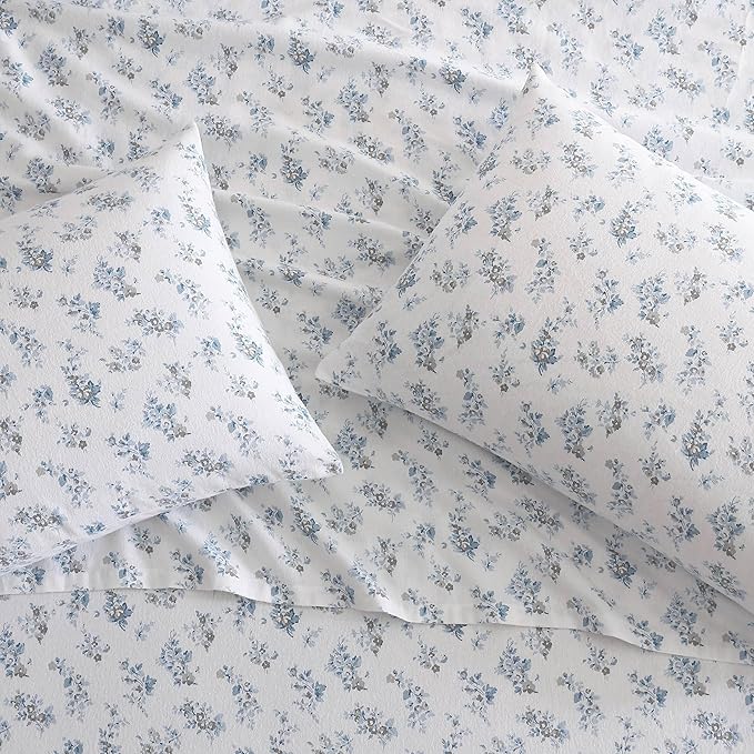 Laura Ashley - Flannel Sheets King Size, Anti-Pilling & Wrinkle Resistant Cotton, Touchably Soft for All-Season Comfort - Bed Sheets with Matching Pillowcases & Fitted Sheet (Audrey Blue)