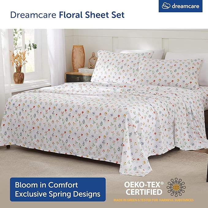DREAMCARE Queen Size Sheets - Cooling Bed Sheets - 4pcs Set - Queen Sheet Set - Sheets Queen Size Bed - Queen Size Sheet Sets - Soft & Long Lasting 100% Fine Brushed Floral Sheets - Multi Floral